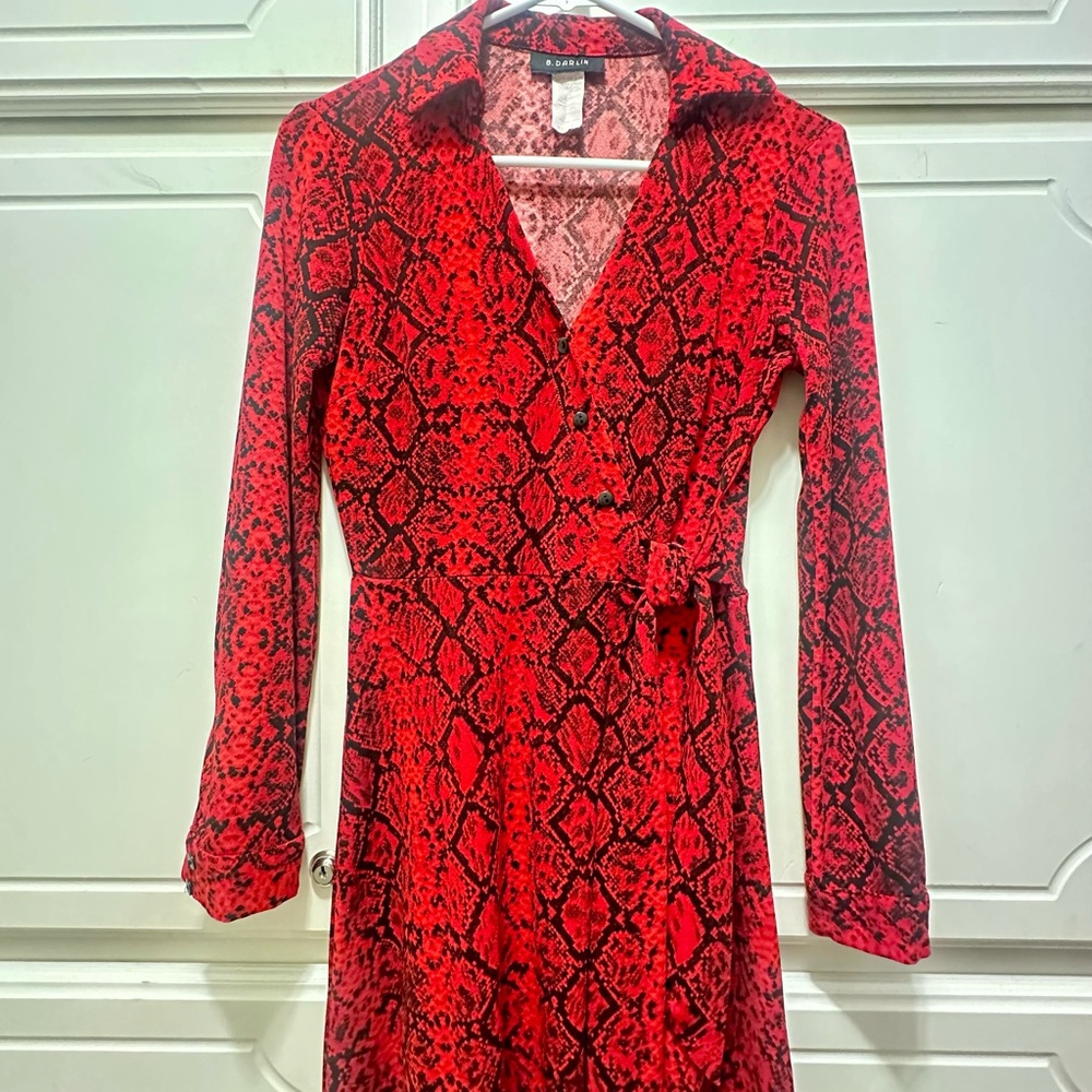B Darlin Red and Black Snake Print Long Sleeve Dress